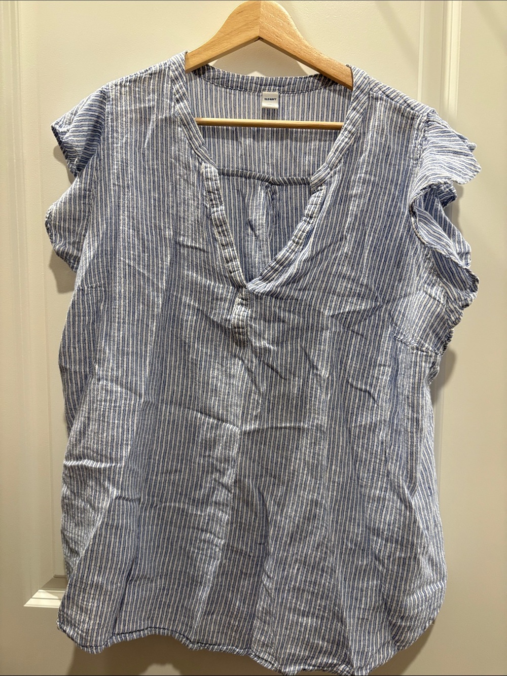 Old Navy Blue and White Striped V-Neck Flutter Sleeve Top